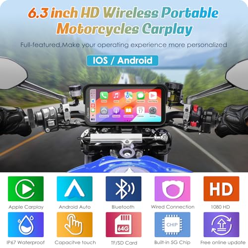 Carpuride W603 Motorcycle Carplay Screen, Wireless CarPlay & Android Auto for Moto, Remote Control，6.3" Waterproof Touchscreen, BT Trans