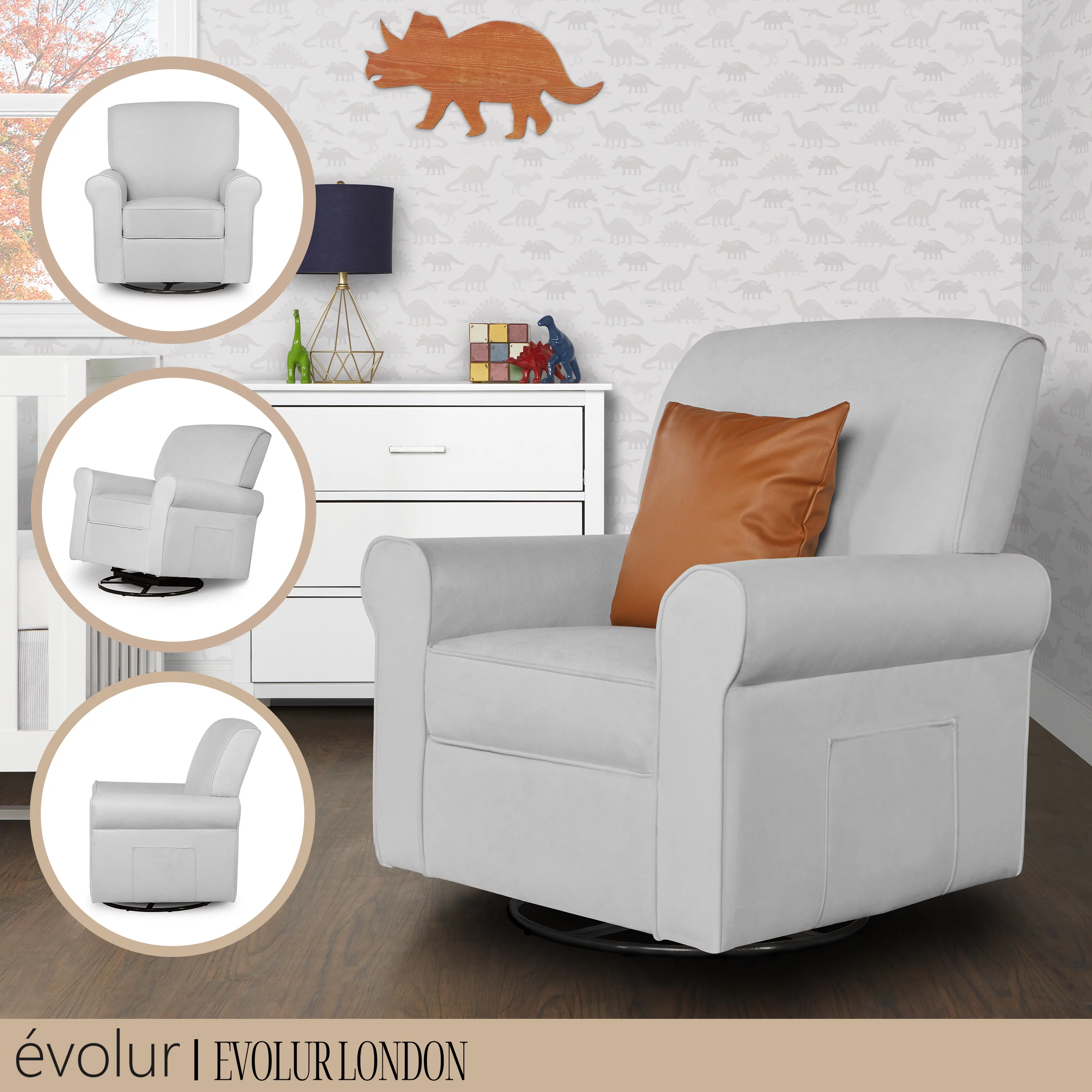 Evolur London Upholstered 360 Swivel l Glider I Rocker I Nursery Glider I Durable Soft Fabric in Gray Finish