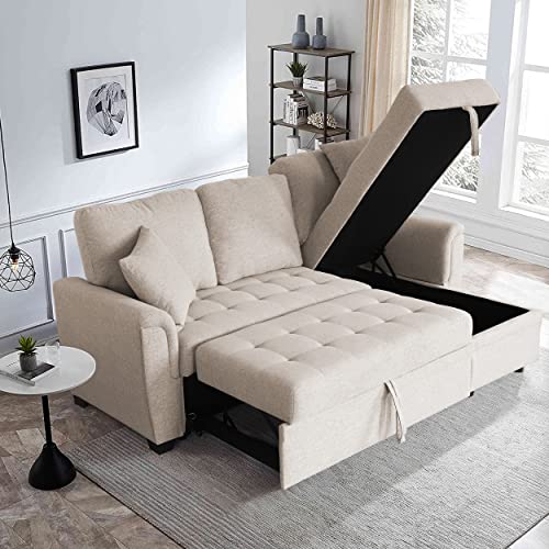 Aoowow Upholstered Sectional Sofa with Reversible Storage Chaise Lounge, Linen Fabric Pull Out Sofa Bed with 2 Throw Pillows, 86 Inch L-Shaped Couch