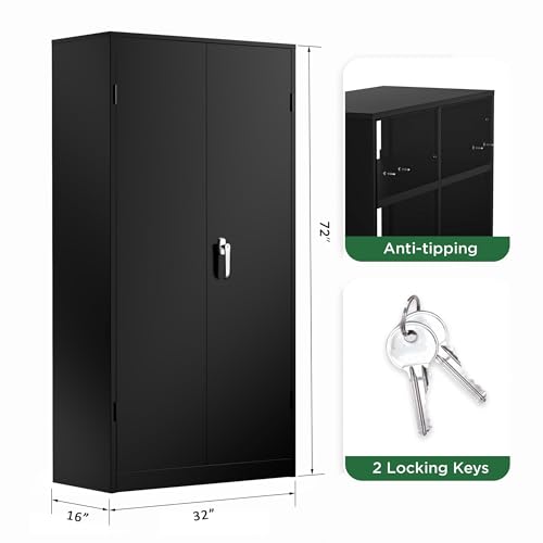 Greenvelly Metal Storage Cabinet, 72" Black Locking Metal Garage Storage Cabinet with Doors and 4 Adjustable Shelves