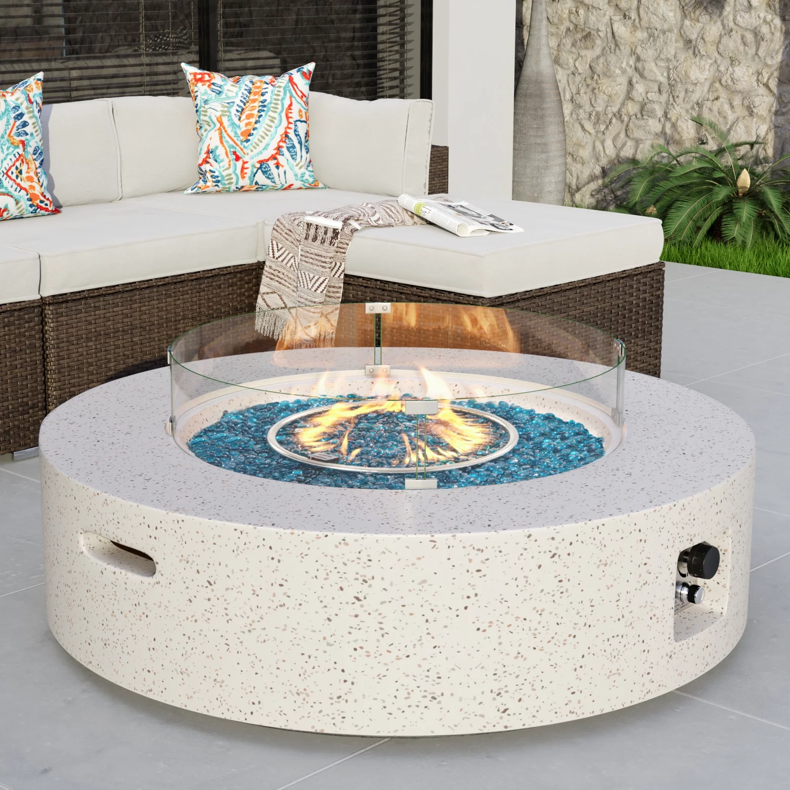 COSIEST Outdoor Propane Fire Pit Coffee Table w Terrazzo White 40.5-inch Round Base Patio Heater, Wind Guard, Aqua Blue Fire Glass, Rain Cover
