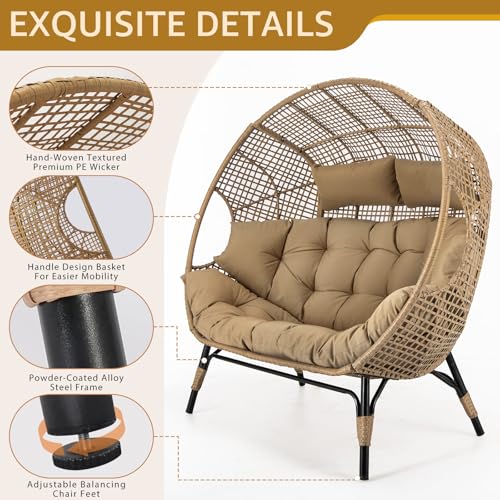 NICESOUL® Double Egg Chair Indoor Outdoor Stationary Oversized Thicken Padded Cushions, 2 Person Egg Loveseat Chair