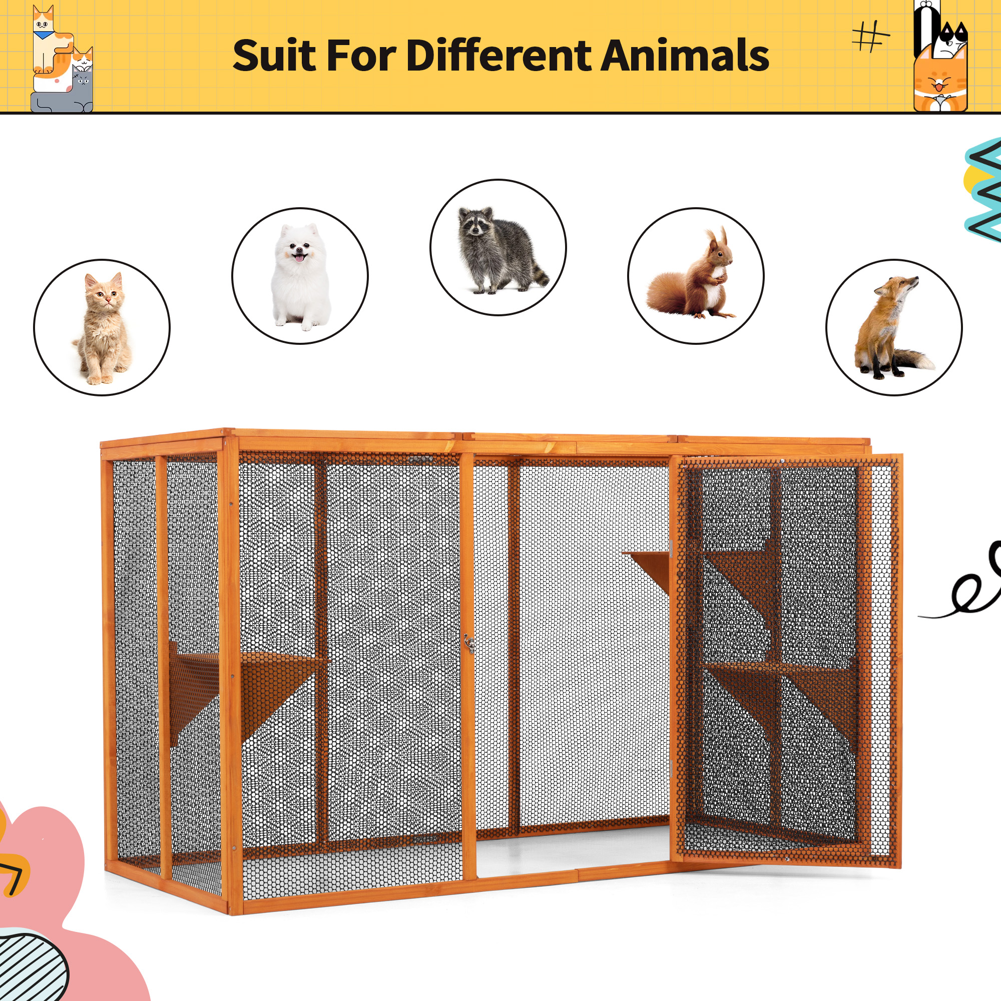 COZIWOW Outdoor Cat House, Wood Cat Catio with Platforms, Lockable Enter Door, Sunshine Panel, Cat Patio Cage Enclosure for Backyard Garden, Orange