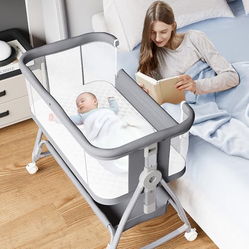 Bedside Bassinet for Baby, 3 in 1 Baby Bassinet Bedside Sleeper, Height Adjustable Bedside Crib, Rocking Bassinet with Wheels, Storage, Mattress