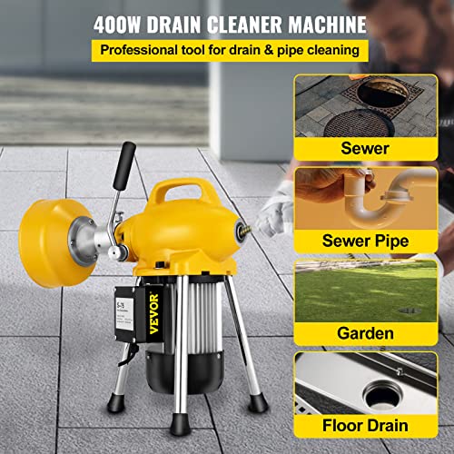 VEVOR 66 Ft x2/3 Cleaner Machine Electric Drain Auger with 2 Cables for 3/4" to 4" Pipes Power Spin with Autofeed Function & 6 Cutters