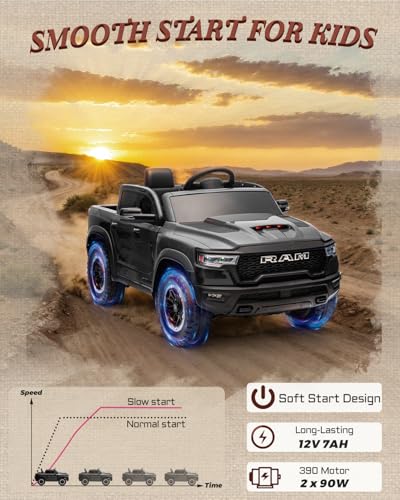12V Licensed Ram 1500 Ride on Toy for Kids, Toddler Ride on Pickup Truck with Parent Remote Control, Electric Car for Kids with Truck Bed Storage
