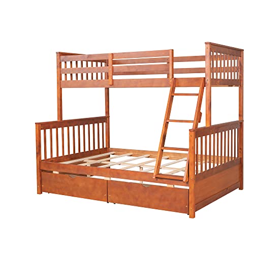 Ball & Cast Full Over Full Bunk Bed with Twin Size Trundle and Built in 4 Drawer,Wood Bunkbed w/Storage Ladder & Slat Support
