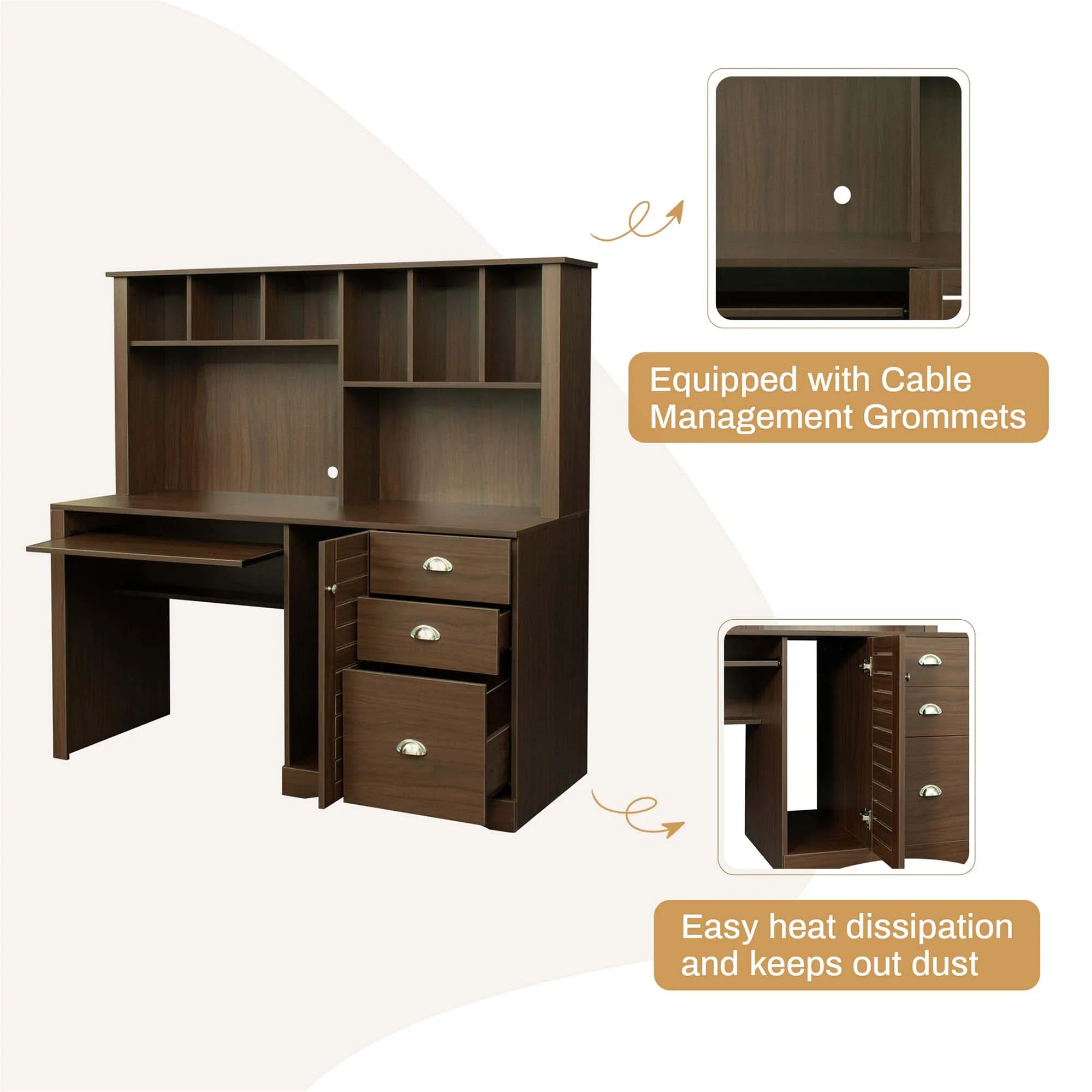 Momspeace Home Office Computer Desk with Hutch, 3 Drawers, Study Table, Keyboard Tray, Walnut