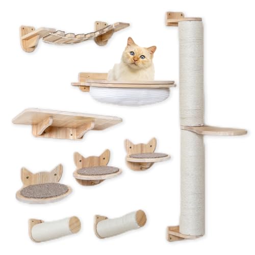 Cat Wall Shelves & Furniture Set (9 Pieces)-Durable Rubber Wood & Non-Slip Carpet, Includes Washable Hammock, Shelf, Climbing Scratcher, Ladder