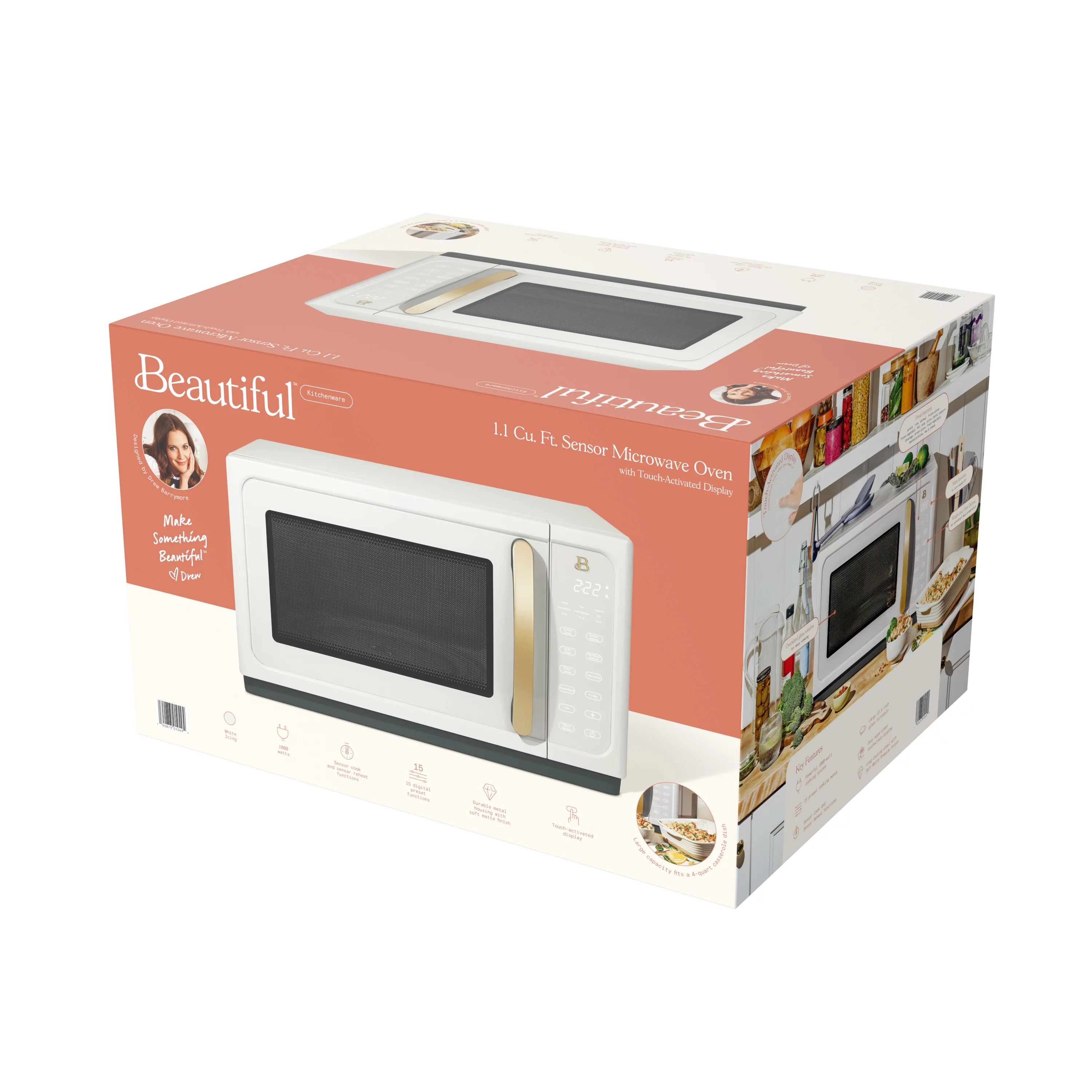 Beautiful 1.1 Cu ft 1000 Watt, Sensor Microwave Oven, White Icing by Drew Barrymore, New - Radiant Selections