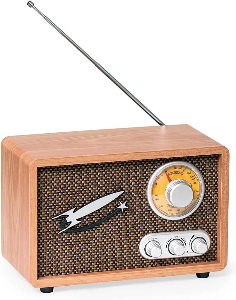 Rocket Retro Radio AM FM with Bluetooth, Vintage Wood Radio for Kitchen, Office, Garage, Camper