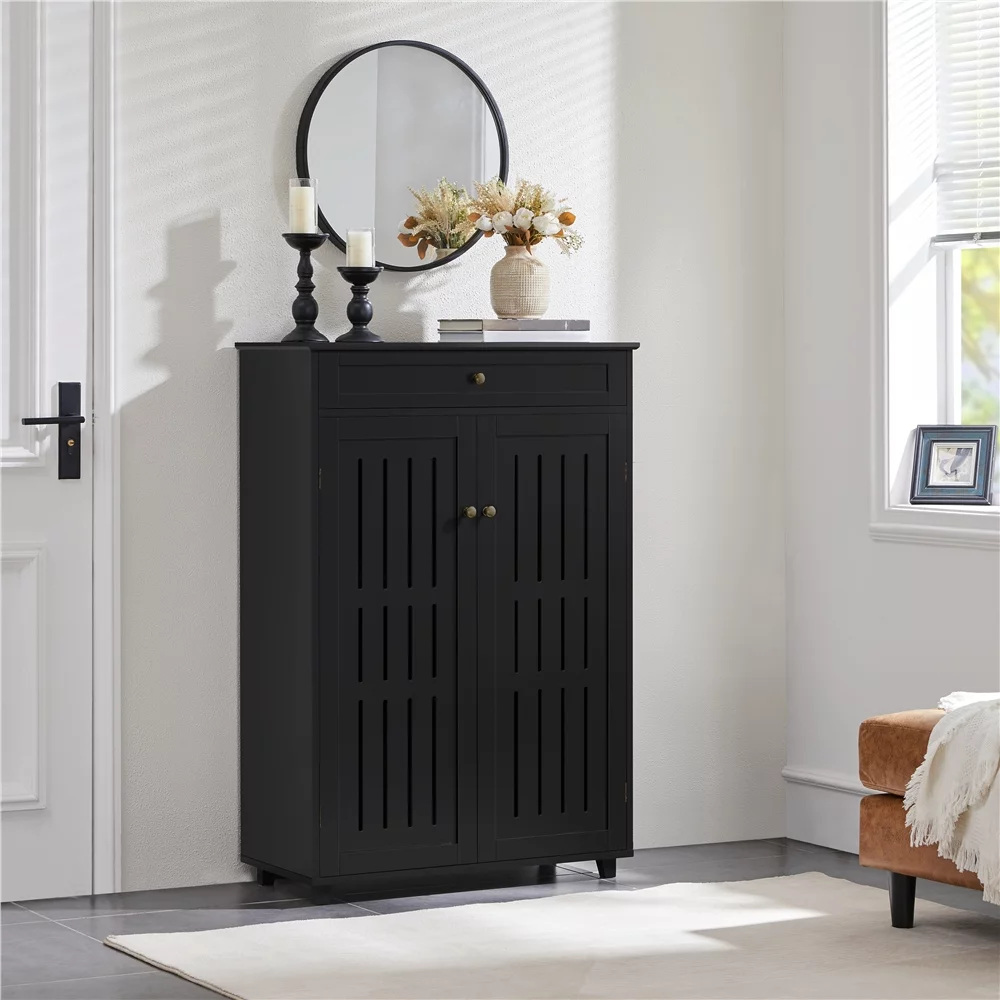 Easyfashion 5-Tier Shoe Storage Cabinet with Louvered Door, Black