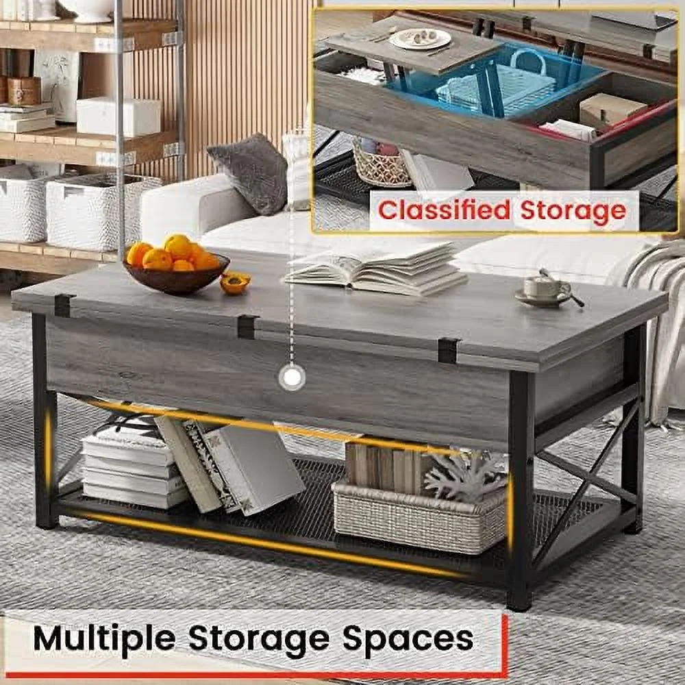 43" Lift Top Coffee Table  3 in 1 Multi- Small Coffee Table with  for Living Room  Dining Reception Room  Grey