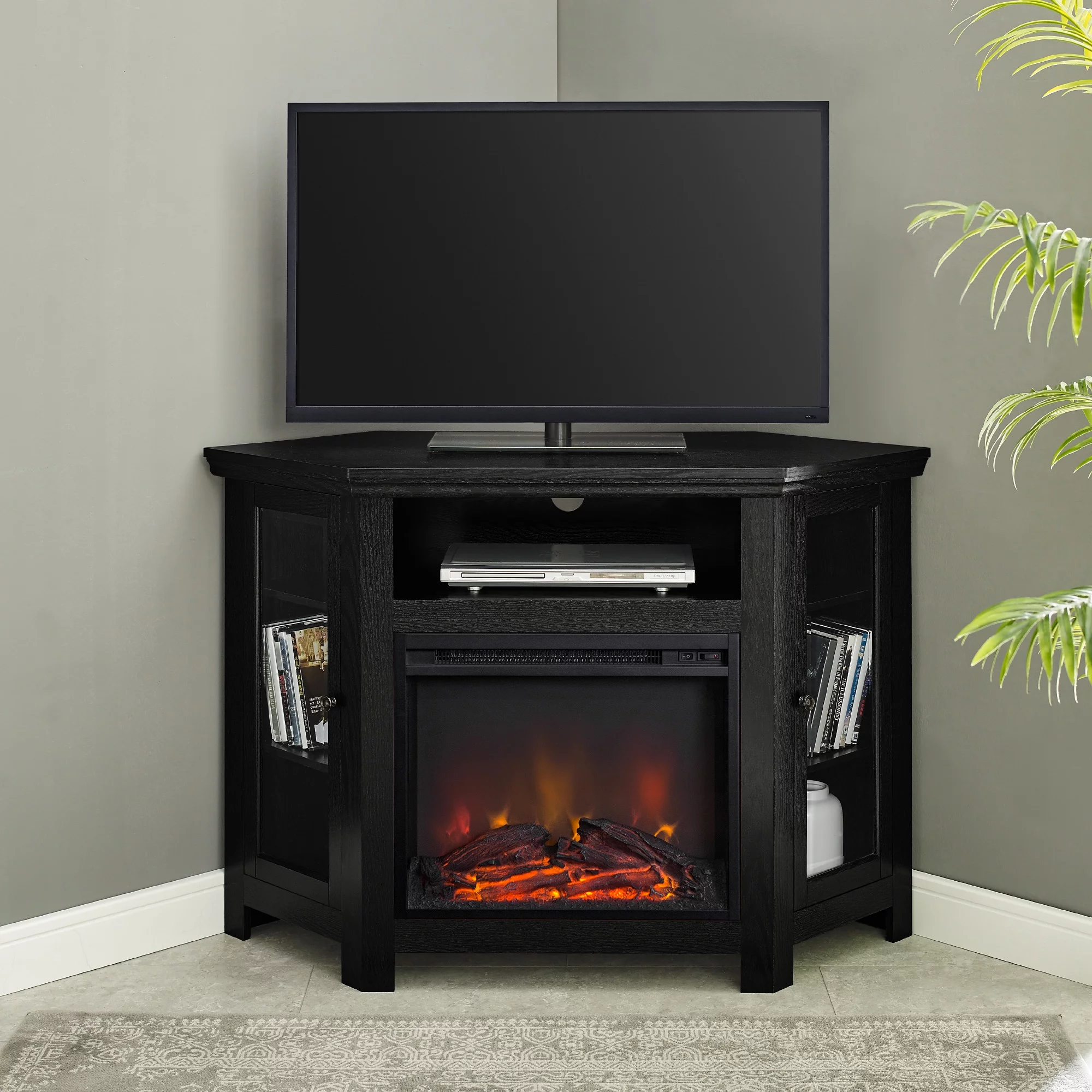 Walker Edison Black Corner Fireplace TV Stand for TVs Up to 50"