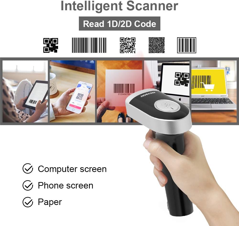 Barcode Scanner with Stand, REEXBON Wireless and Wired Handheld Barcode Reader QR 1D 2D Code Scanner with USB Charging Cable Pack of 2