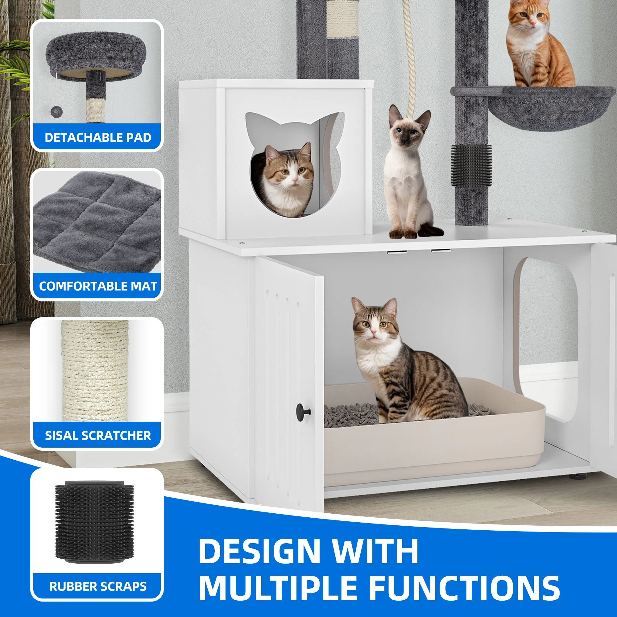 Dextrus 2-in-1 Cat Tree with Litter Box Enclosure,53.5" Large Modern Cat Condo with Scratching Posts, Perch, Food Station, Hammocks