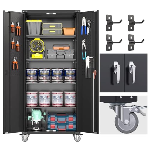 Garage Storage Cabinet with Wheels & Pegboard, 72" H Locking Metal Storage Cabinet with Doors and 4 Adjustable Shelves for Garage Workshop Home