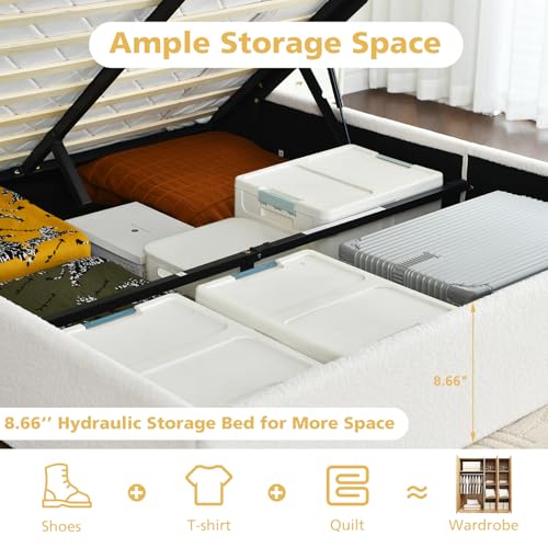 VELOCAVA Queen Size Lift-Up Storage Bed, Upholstered Boucle Bed with Curved Headboard, Rounded Corners, Sturdy Wooden Slat Support