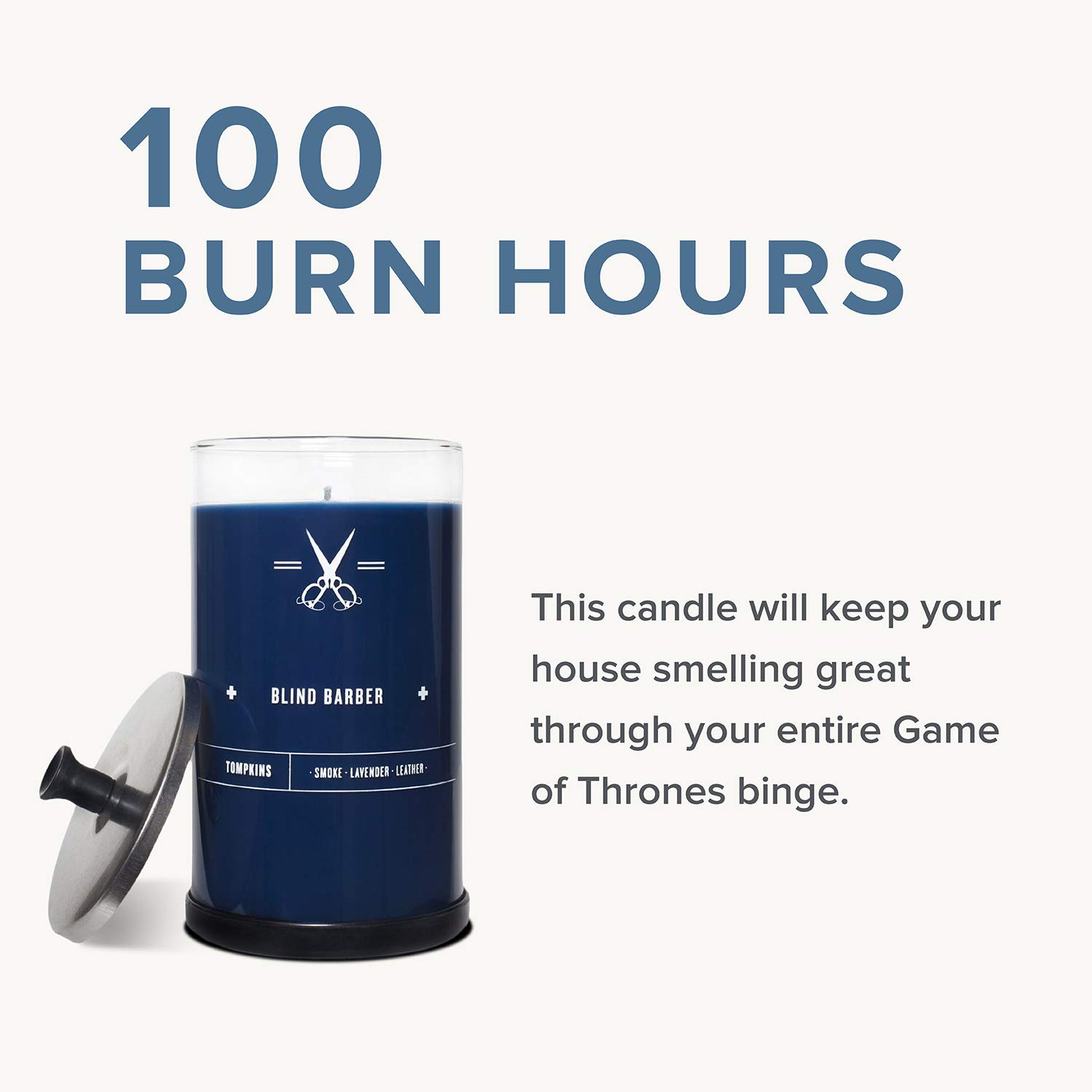 Blind Barber Tompkins Scented Candle - Long Lasting Soy Wax Candle in Barber Style Glass Jar with Notes of Leather, Smoke & Lavender