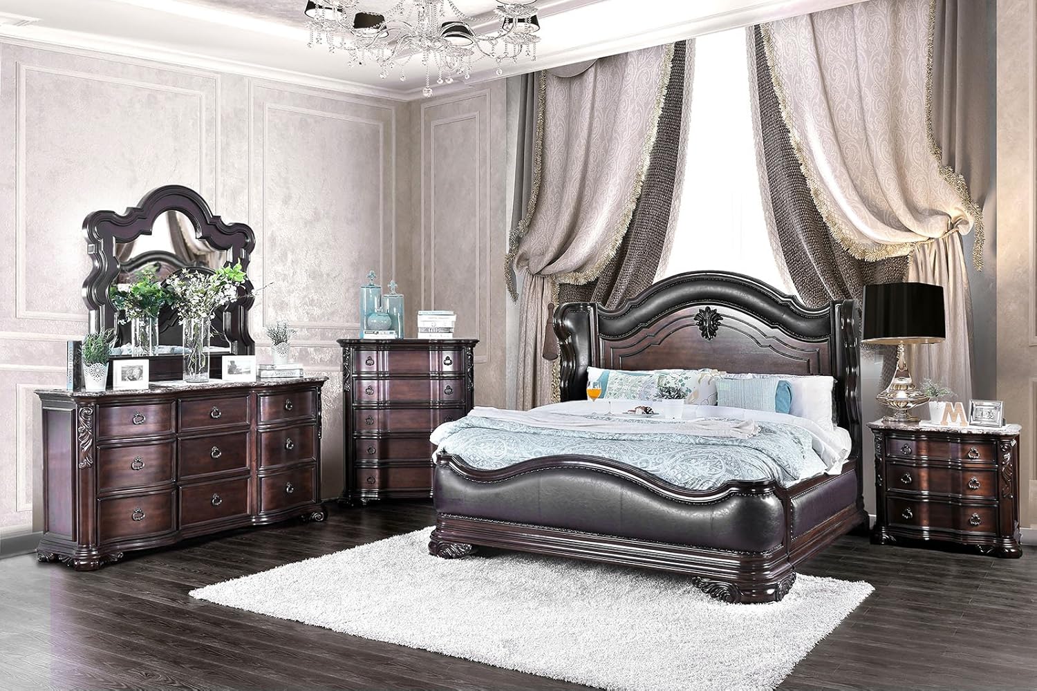 Arcturus Collection Traditional Luxurious Wingback Design Leatherette Eastern King Size Bed Genuine Marble Top Dresser Nightstand Mirror 4pc Set