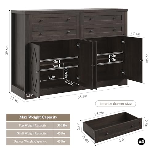 HOSTACK 55" Coffee Bar with 4 Large Drawers, 40" Tall Buffet Cabinet with Storage, Kitchen Storage Cabinet, Modern Farmhouse Sideboard Buffet
