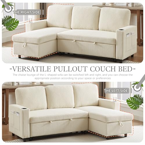 L-Shaped Pull Out Sleep Sofabed,Modern Reversible Sleeper Sectional Sofa Chenille Upholstered Button Tufted Decor with Storage Chaise