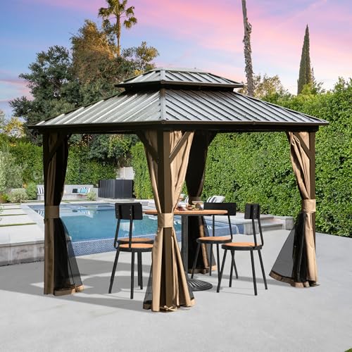 Domi 10' x 10' Hardtop Gazebo Outdoor Metal Gazebo with Galvanized Steel Double Roof Canopy, Curtains and Netting for Patio, Backyard, Deck