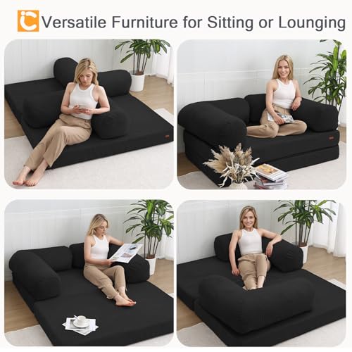 COMAX Folding Sofa Bed, Convertible Chair Bed Corduroy 3-in-1 Foldable Floor Couch with High-Density Foam, Futon Sofa Sleeper Mattress