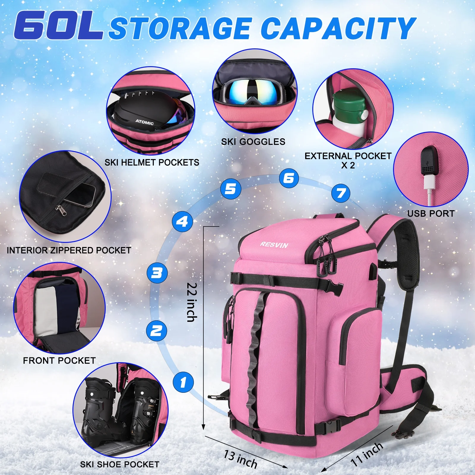 Ski and Snowboard Boot Bag Backpack - 60 L - Waterproof Winter Sport Pack for Travel Pink