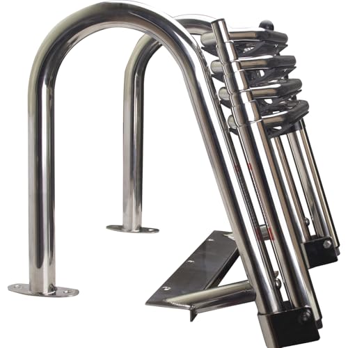 4-Step Heavy-Duty Stainless Steel Pontoon Boat Ladder with Extra Wide Steps & Handrails | Telescoping Folding Rear Entry Ladder, 600lbs Capacity