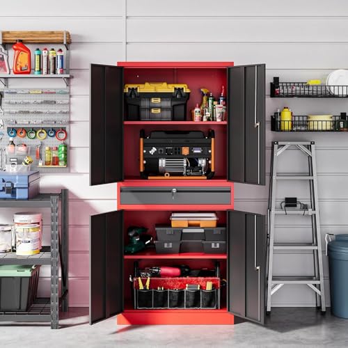 Letaya Metal Garage Storage Cabinet with Drawer,4 Door Tool Cabinet with Lock-2 Adjustable Shelves for Garage Home Office Utility Room (Black)