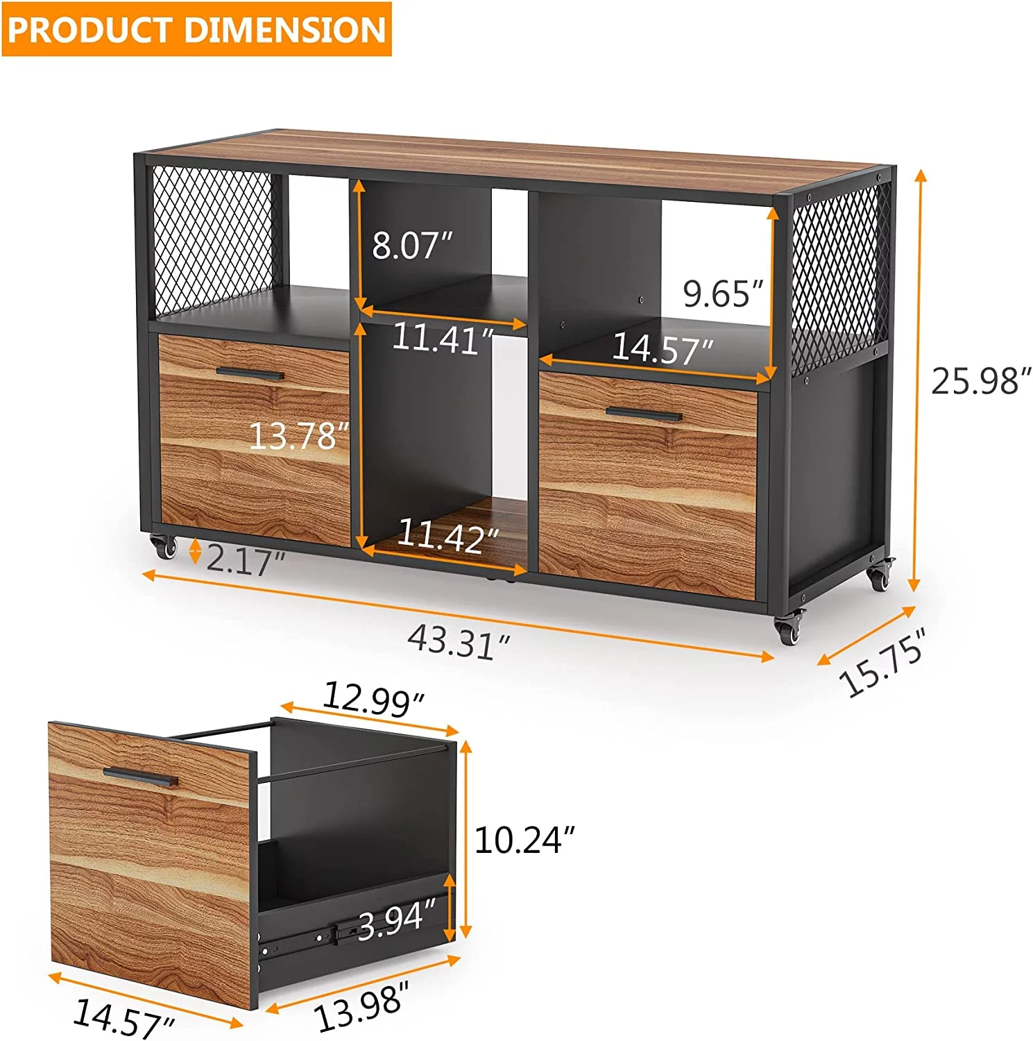 Baiyihang 2 Drawer Wood File Cabinets, Modern Mobile Lateral Filing Cabinet,  Rustic Brown