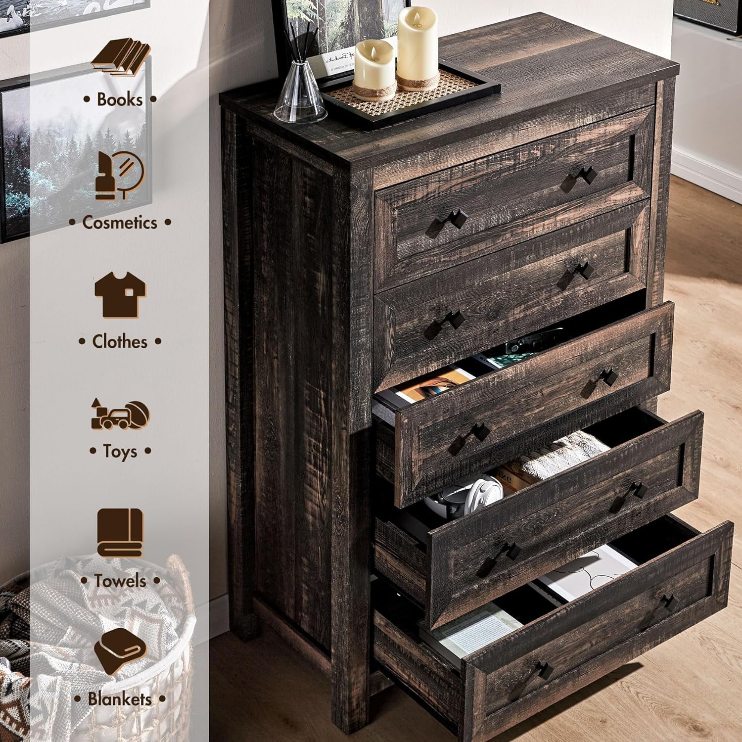 Amerlife 5 Drawers Dresser for Bedroom, Wood Tall Dresser with Vintage Gain for Adult, Dark Oak