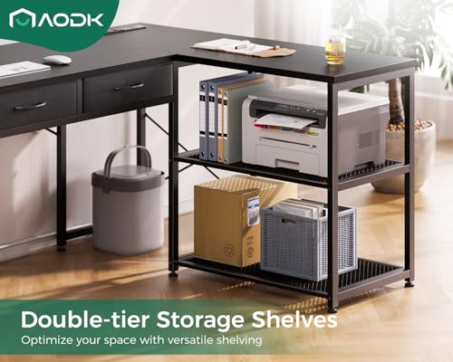 AODK 53 Inch L Shaped Computer Desk with Drawers, Corner Desk with Power Outlets & Reversible Storage Shelves