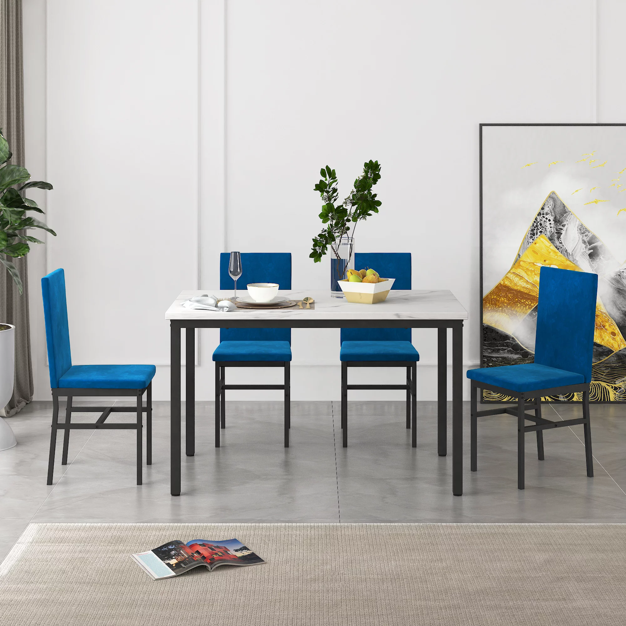 Modern Dining Set for 4, 5-Piece Dining Table and Chairs Set, 1 Table with White Marble Top, 4 Blue Velvet Chairs for Kitchen Dining Room Living Room