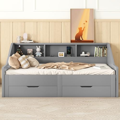 Merax Twin to King Daybed with Storage Bookcases and Two Drawers, Wood Bed Frame with Trundle and USB Charging Design for Bedroom, Guest Room