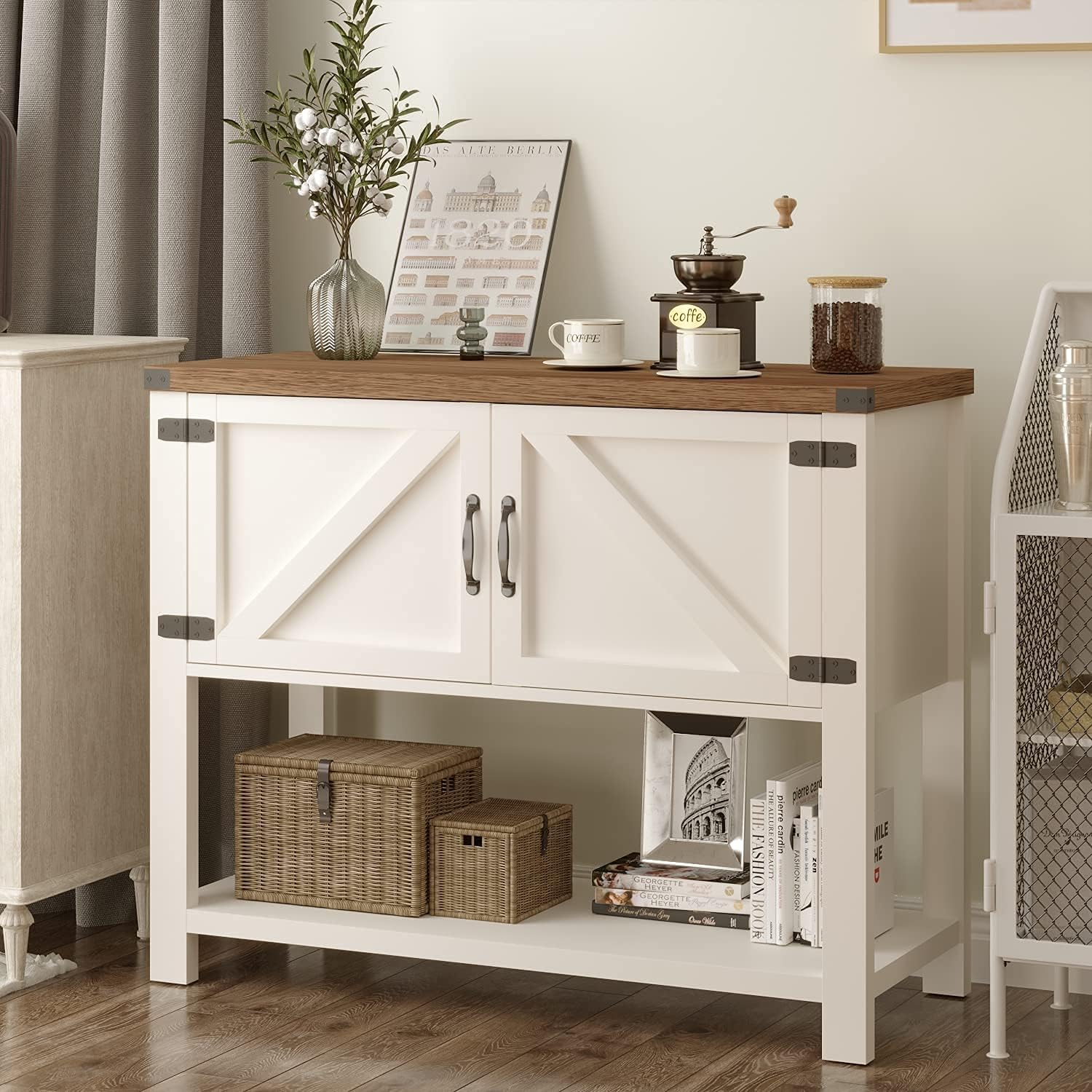 Farmhouse Buffets & Sideboards, Kitchen Buffet Storage Cabinet Accent Coffee Bar Cabinet, Rustic Sideboard with 2 Doors and Storage Shelf