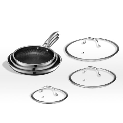 HexClad Hybrid Nonstick 6-Piece Fry Pan Set, 8, 10 and 12-Inch Frying Pans with Tempered Glass Lids, Stay-Cool Handles, Dishwasher and Oven Safe