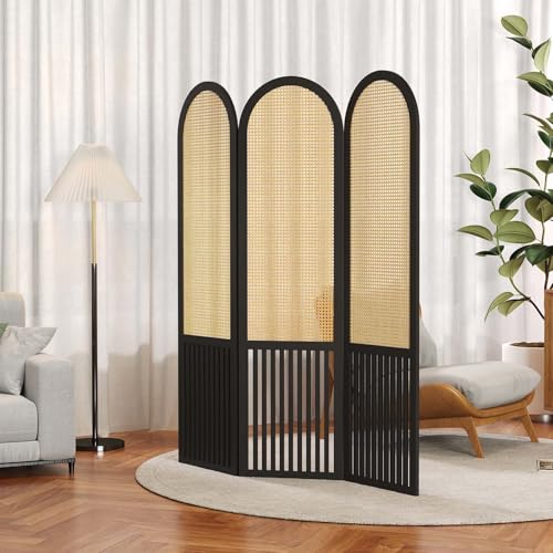 Room Divider and Folding Privacy Screens, Pine Wood 5.6 Ft Double Hinged Rattan Partition Freestanding Wall Room Divider for Home - 3 Panels