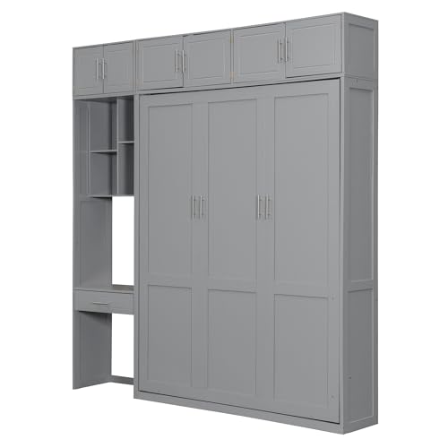 Polibi Full Size Wall Murphy Bed with Built-in Desk & Shelves - Multi-Functional Wall Bed for Small Apartments, 3 Storage Cabinets