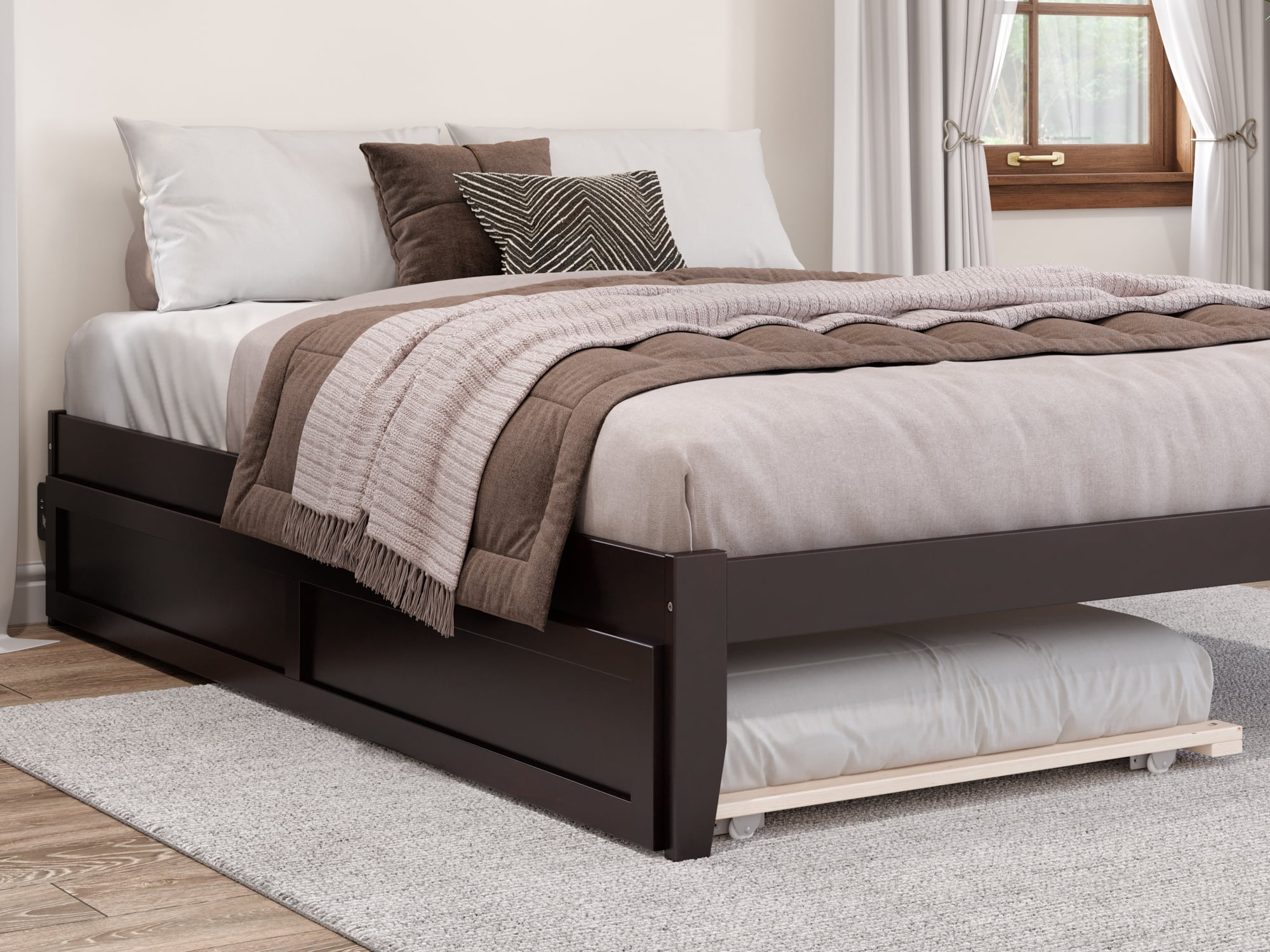 AFI Twin XL Roll Out Wood Trundle Bed Frame with Wooden Slat Supports, Espresso