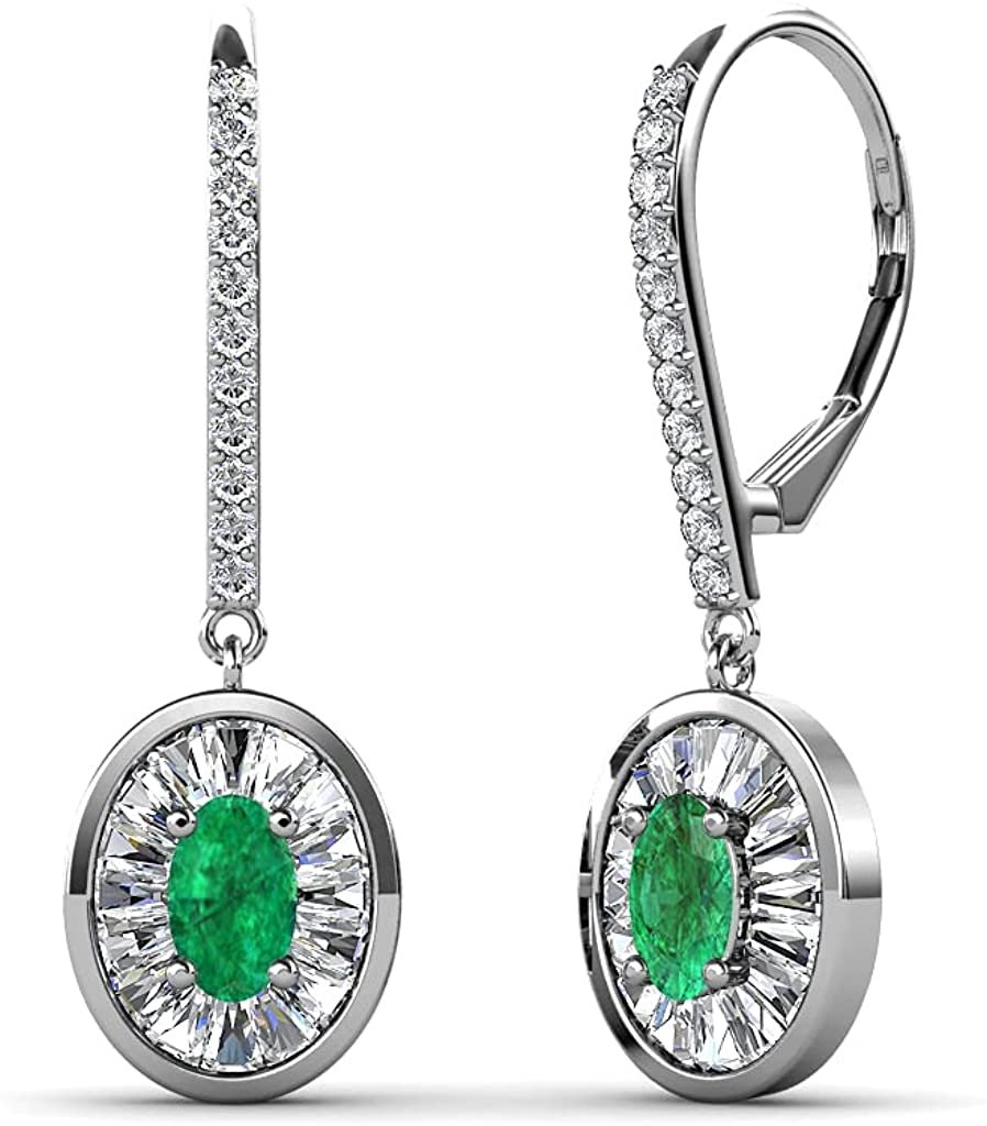 TriJewels Oval Cut Emerald and Baguette Diamond 1 1/8 ctw Womens Halo Drop and Dangle Earrings 14K Gold
