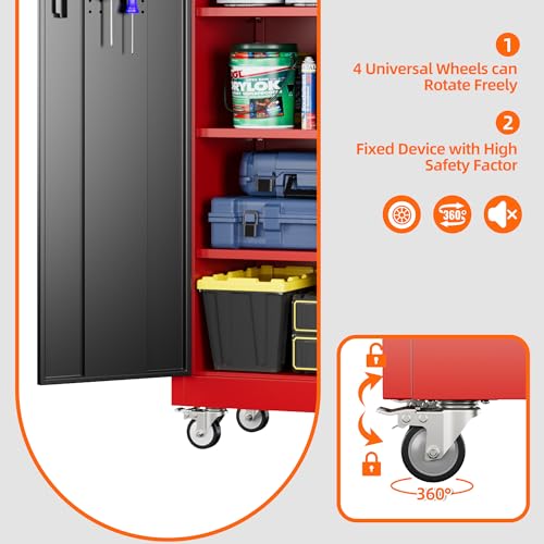 Metal Storage Cabinet with Wheels, 73" H Rolling Garage Cabinets with Locking Doors and Adjustable Shelves for Home Office, Basement, Pantry, Workshop