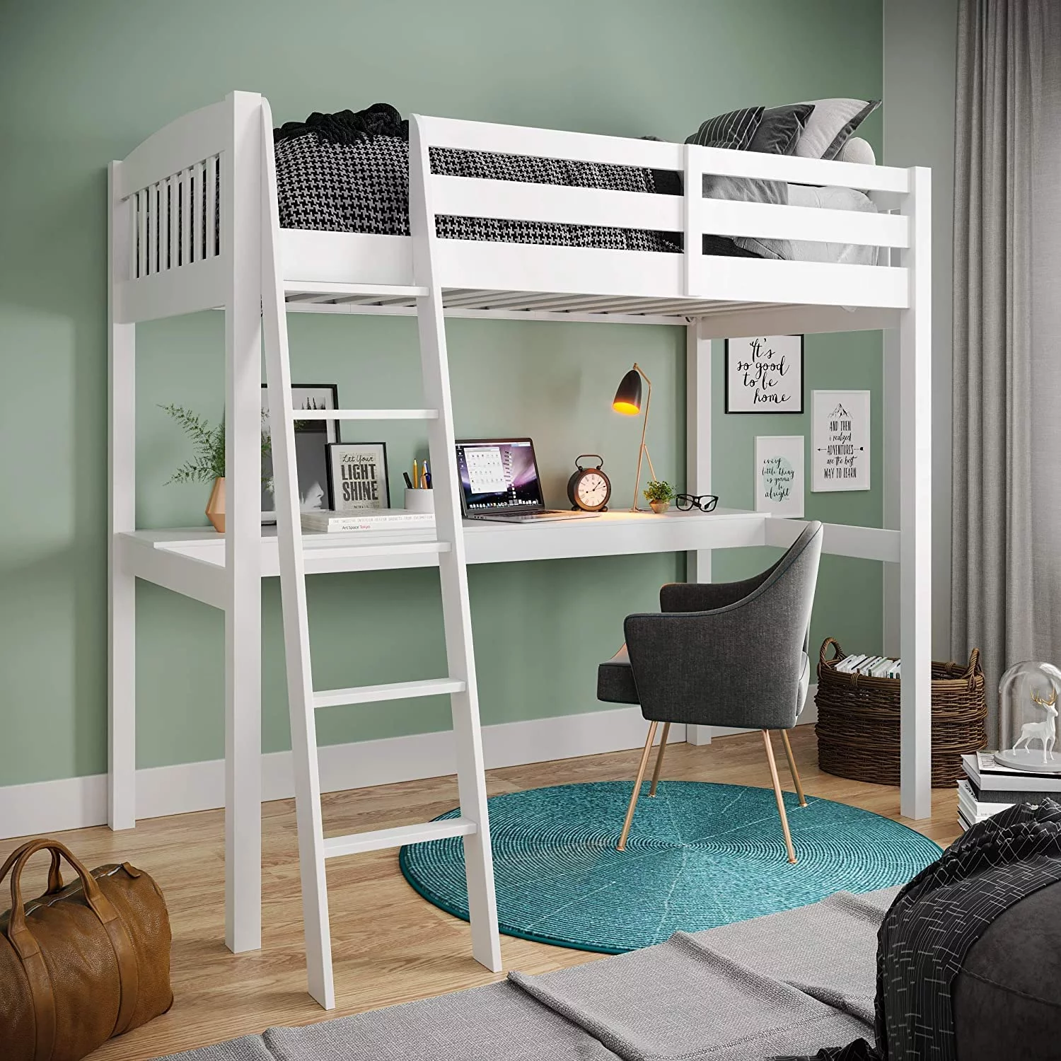 Yes4Wood Everest Solid Wood White Twin Size Loft Bed Frame with Desk & Stairs for Kids and Toddlers