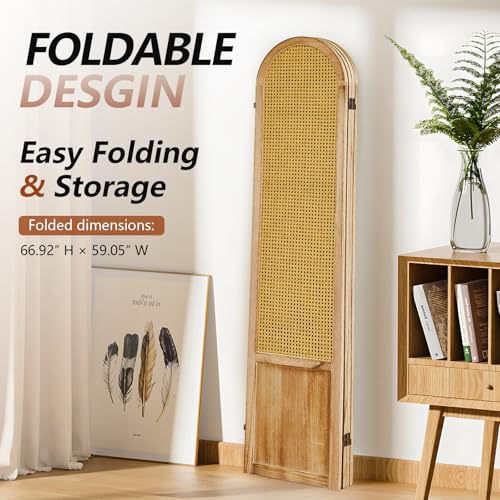 5.9 Ft Tall Hand-Woven Rattan Room Divider 3 Panels, Wood Room Divider Panel, Folding Screen Divider Wall, Wall Divider for Room Separation