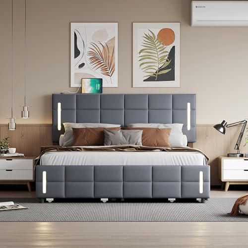 DNYN Queen Size Murphy Bed with Storage Drawer(Large) & Charging Station for Bedroom,Convertible Pinewood Wall Bedframe w/Stylish Cabinet Design
