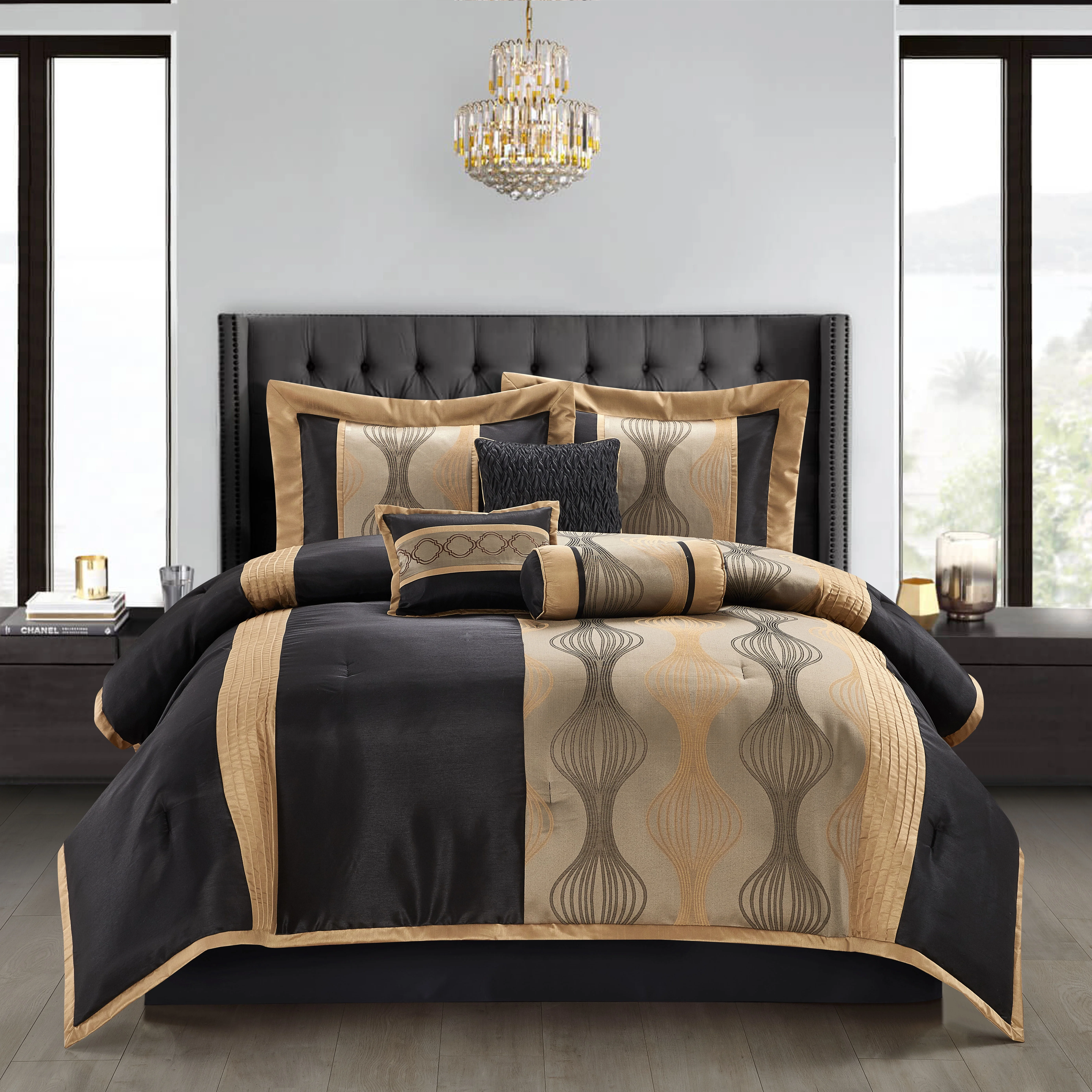 Nanshing Kath 7 Piece Luxury Contemporary Comforter Set. Black Gold. King