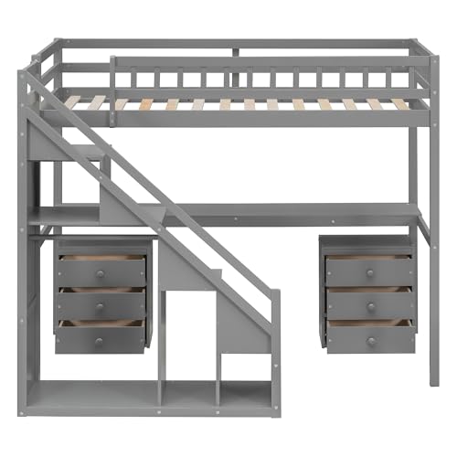 Modern Full Size Gaming Loft Bed with Built-in Desk and Storage Wardrobe, Wood Loft Bed Frame with Light Strip and 2 Drawers