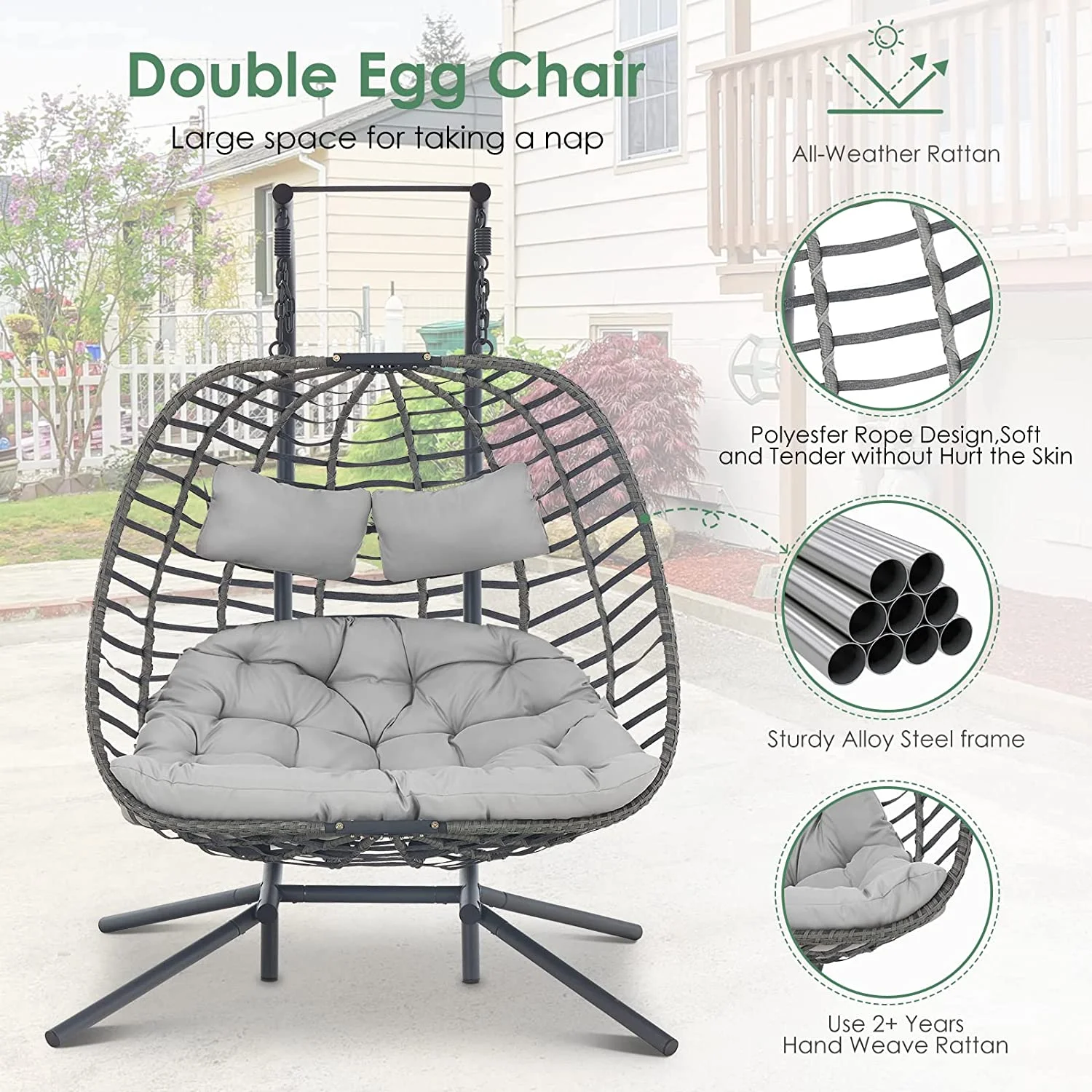 Brafab 2 Person Swing Egg Chair with Sturdy Stand and Fluffy Cushion, Large Double Hand-Woven Wicker Rattan Hanging Egg Chairs