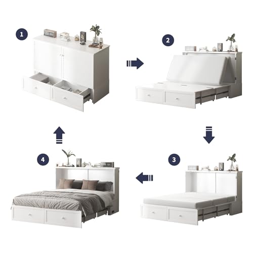 Murphy Bed, Cabinet Bed Queen Size with Tri-Folding Mattress, Hidden Guest Wall Beds, Cabinet Murphy Chest Beds with USB Charging Station